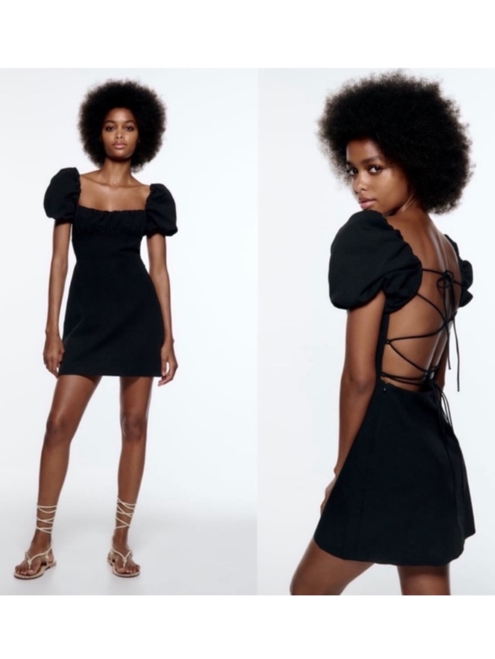 ZARA Puff Sleeve Black Mini Dress Open Back Lace Up Crossback Straps Small NEW
